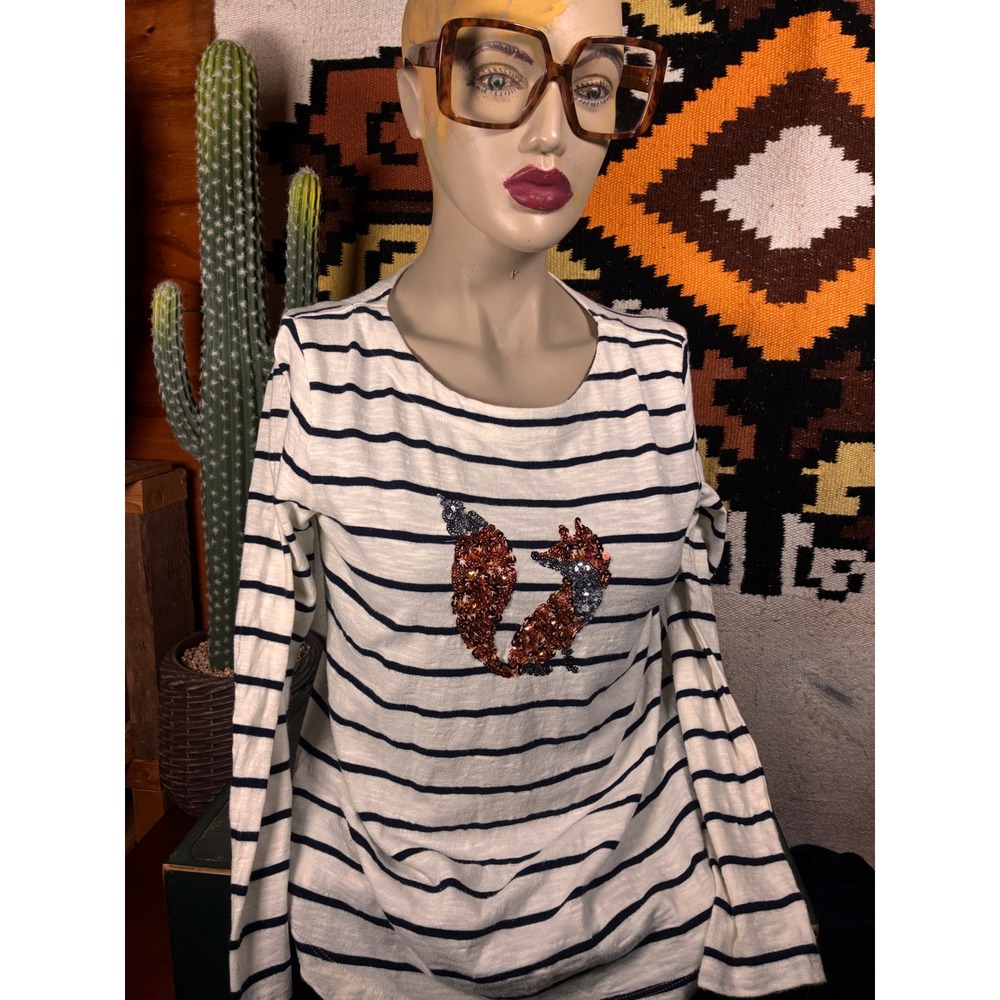 Talbots Striped Fox Sequin Top Womens SP White Blue Excellent Long Sleeve Tee